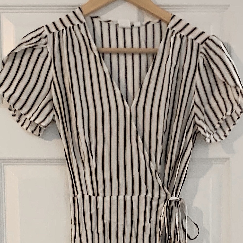 GAP Cream Midi Wrap Dress with Black Stripes